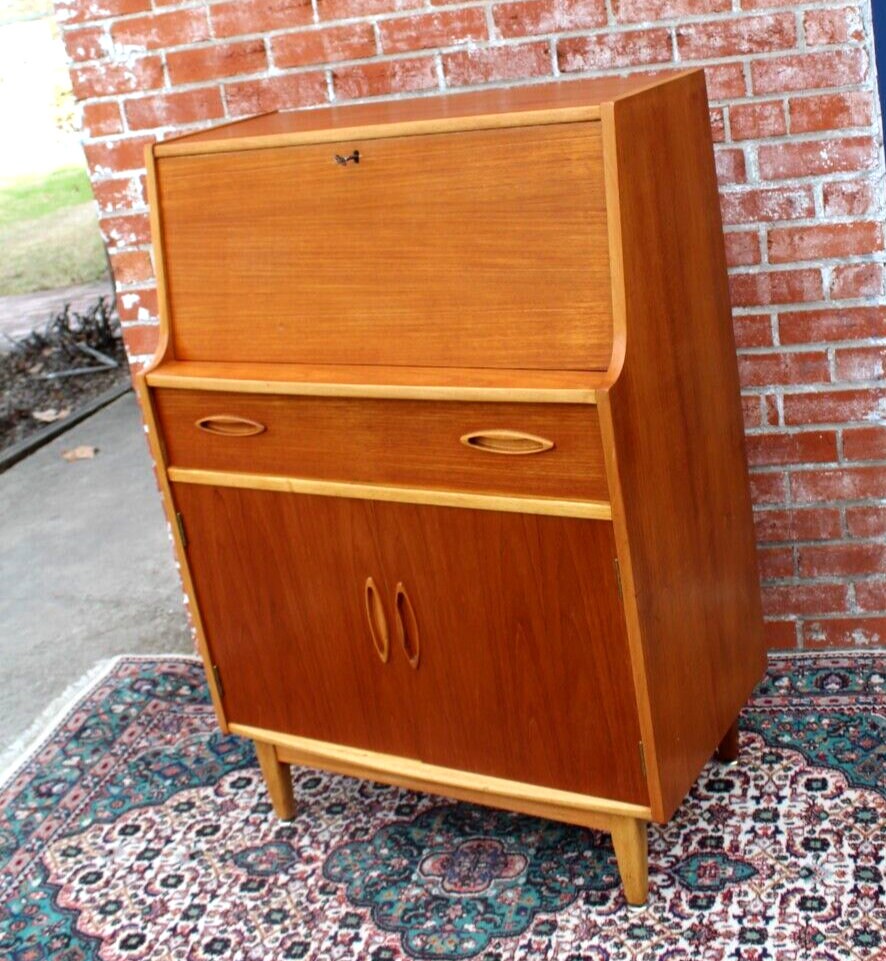Mid Century Modern Teak Drop Front Desk | Vintage Home Office Cabinet Storage