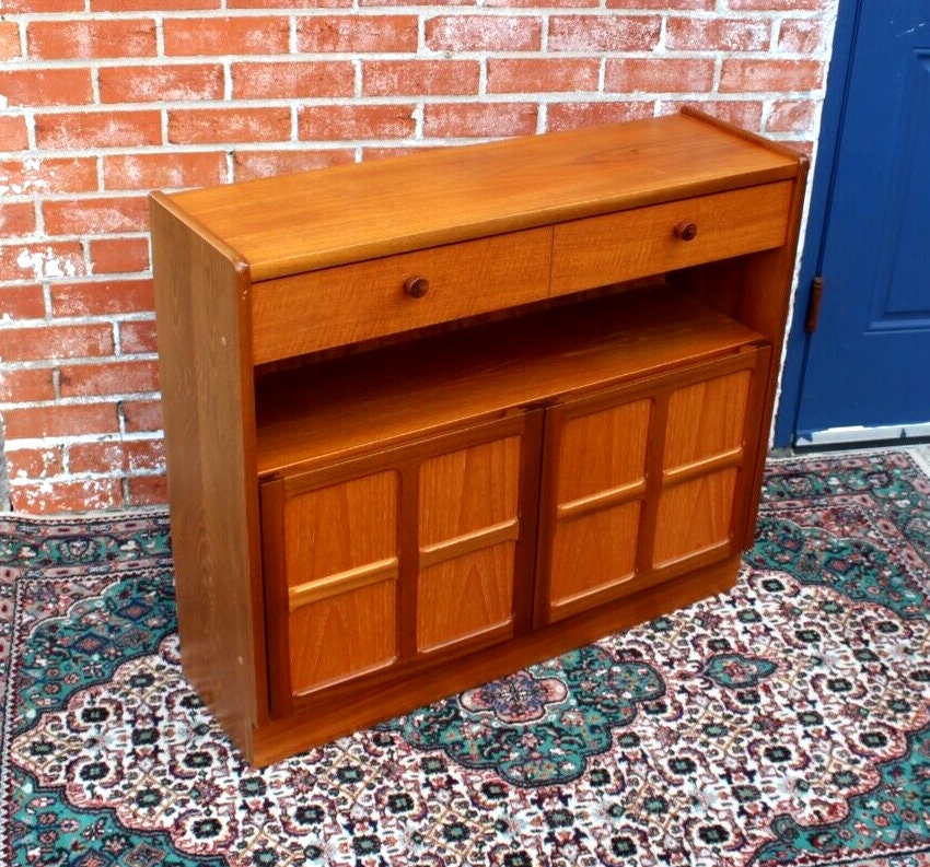 Pair Mid Century Modern Teak Cabinets | 2 Door 1 Drawer Storage Units