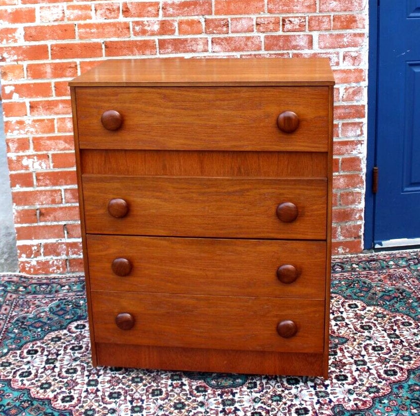 Mid Century Modern Teak Chest | 4 Drawer Dresser Vintage Storage Cabinet