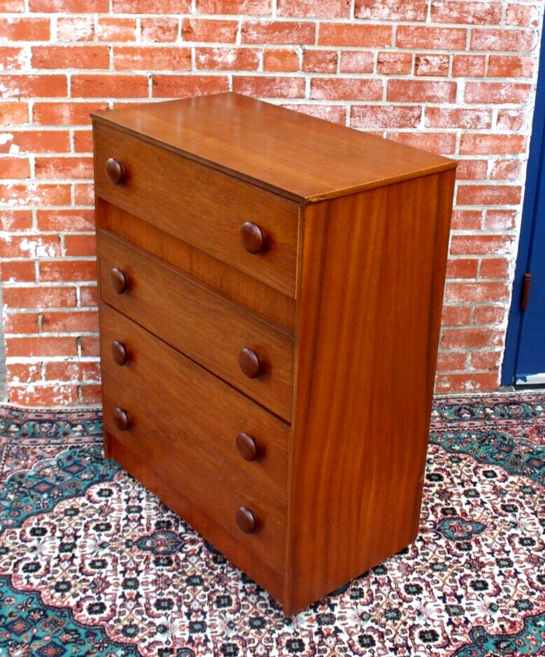 Mid Century Modern Teak Chest | 4 Drawer Dresser Vintage Storage Cabinet