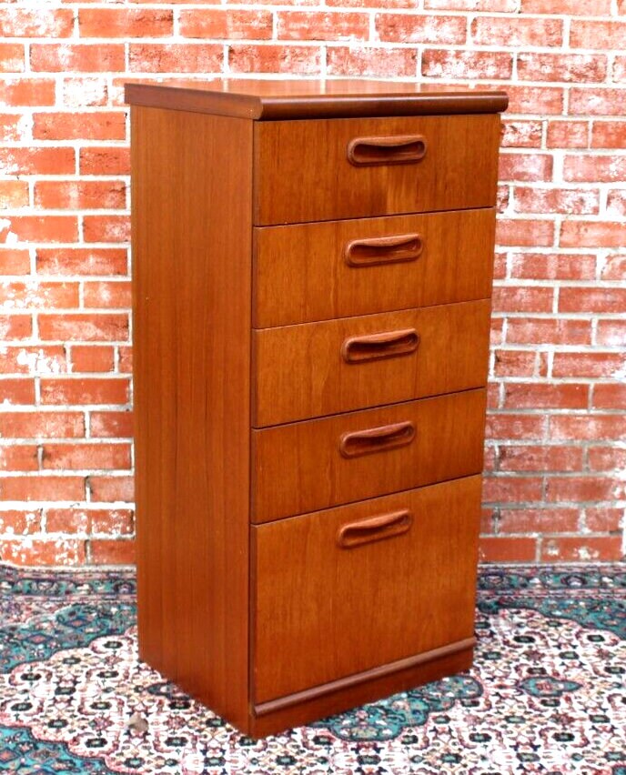 Mid Century Modern Teak Chest | 5 Drawer Vertical Dresser or Nightstand