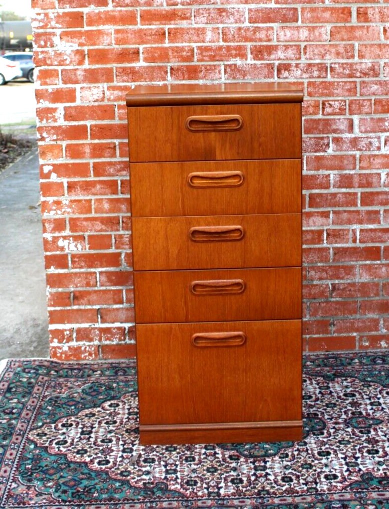 Mid Century Modern Teak Chest | 5 Drawer Vertical Dresser or Nightstand