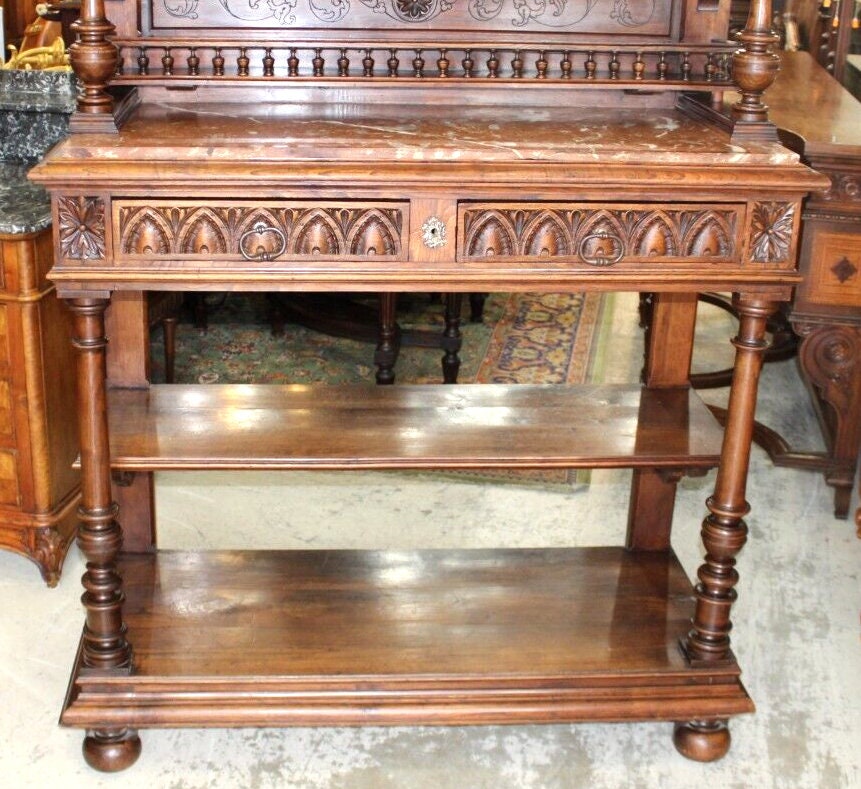 French Antique Walnut Brittany Marble Server Sideboard Buffet c.1880