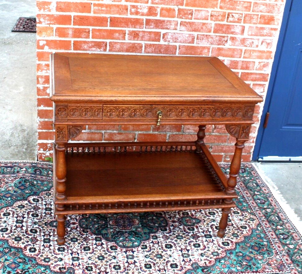 French Antique Oak Brittany Table | Carved Occasional Table with Drawer