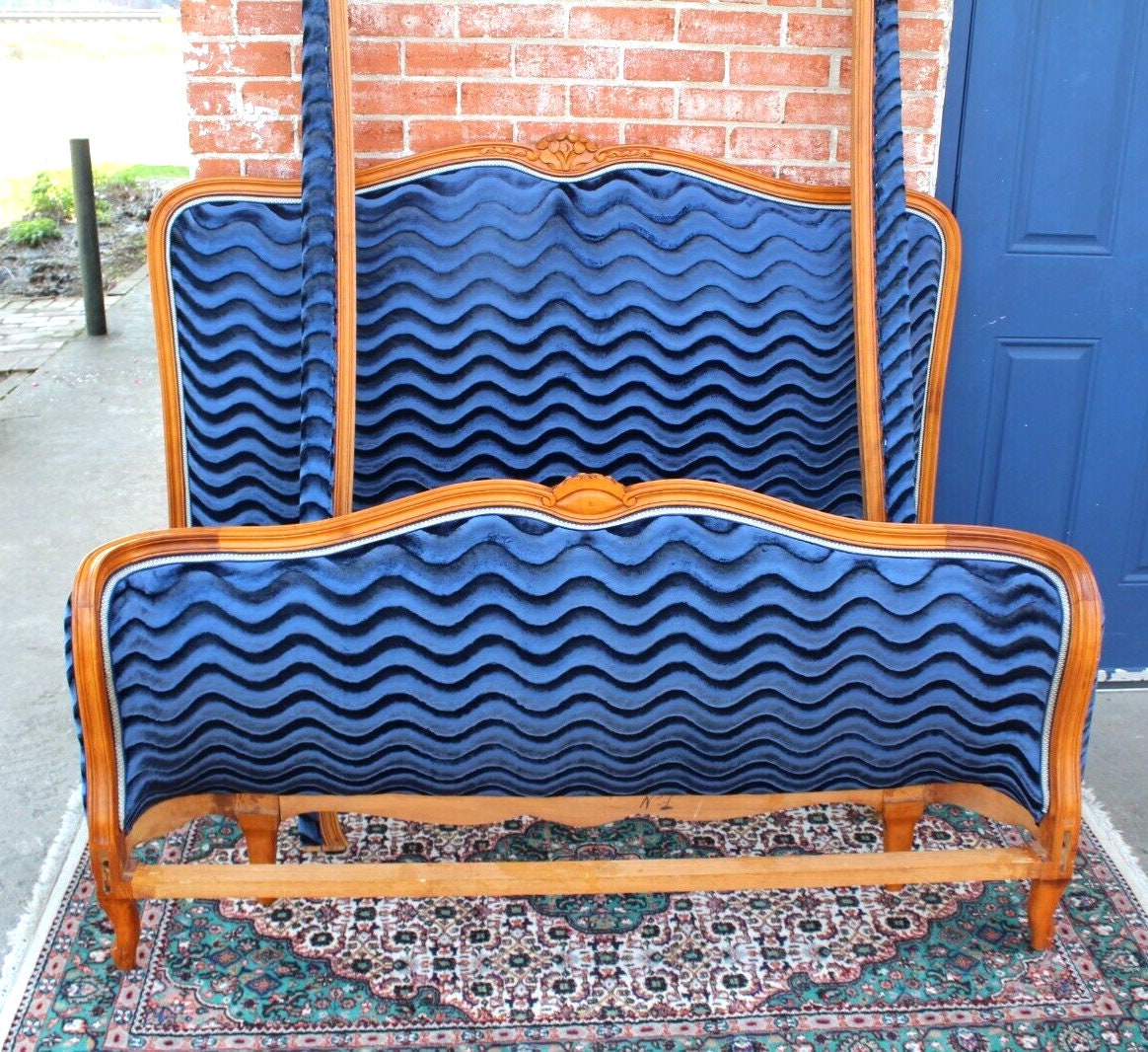 Antique French Louis XV Walnut Full Bed | Blue Upholstery | Newly Restored