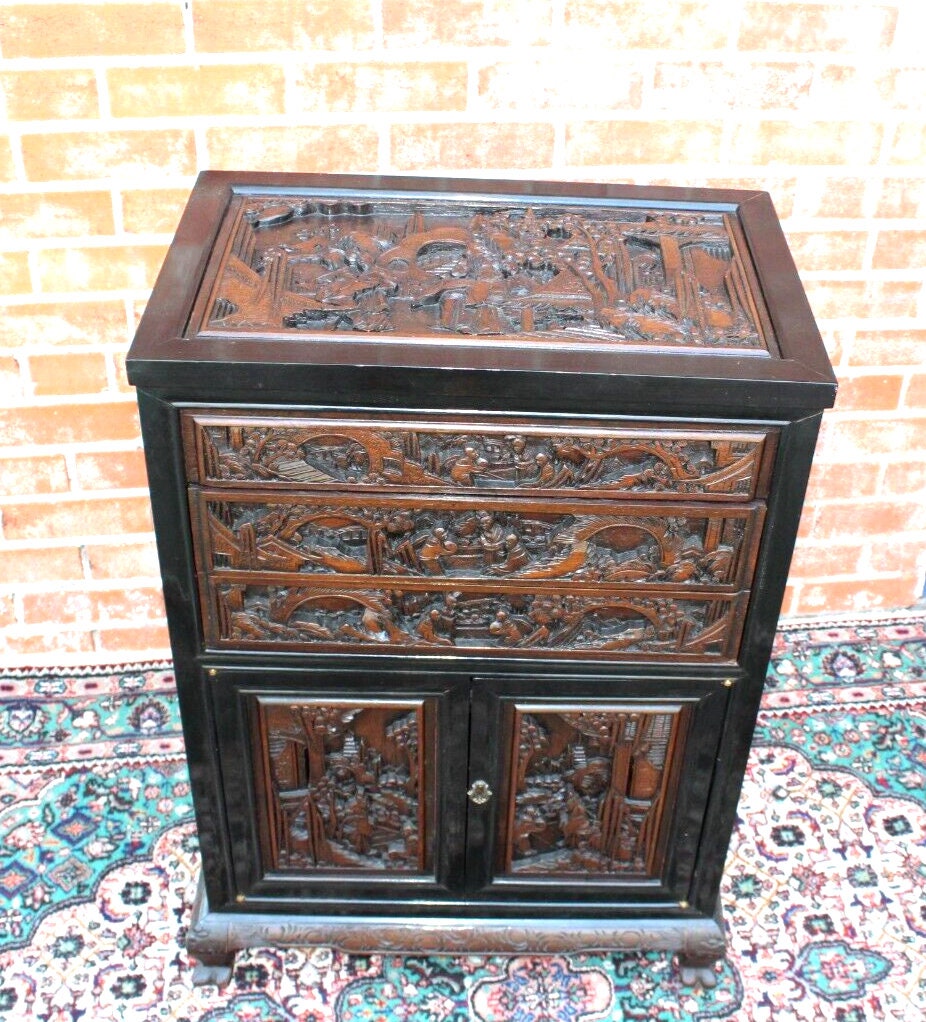 Heavily Carved Chinese Silverware Cabinet | Antique Storage Chest w/ Drawers