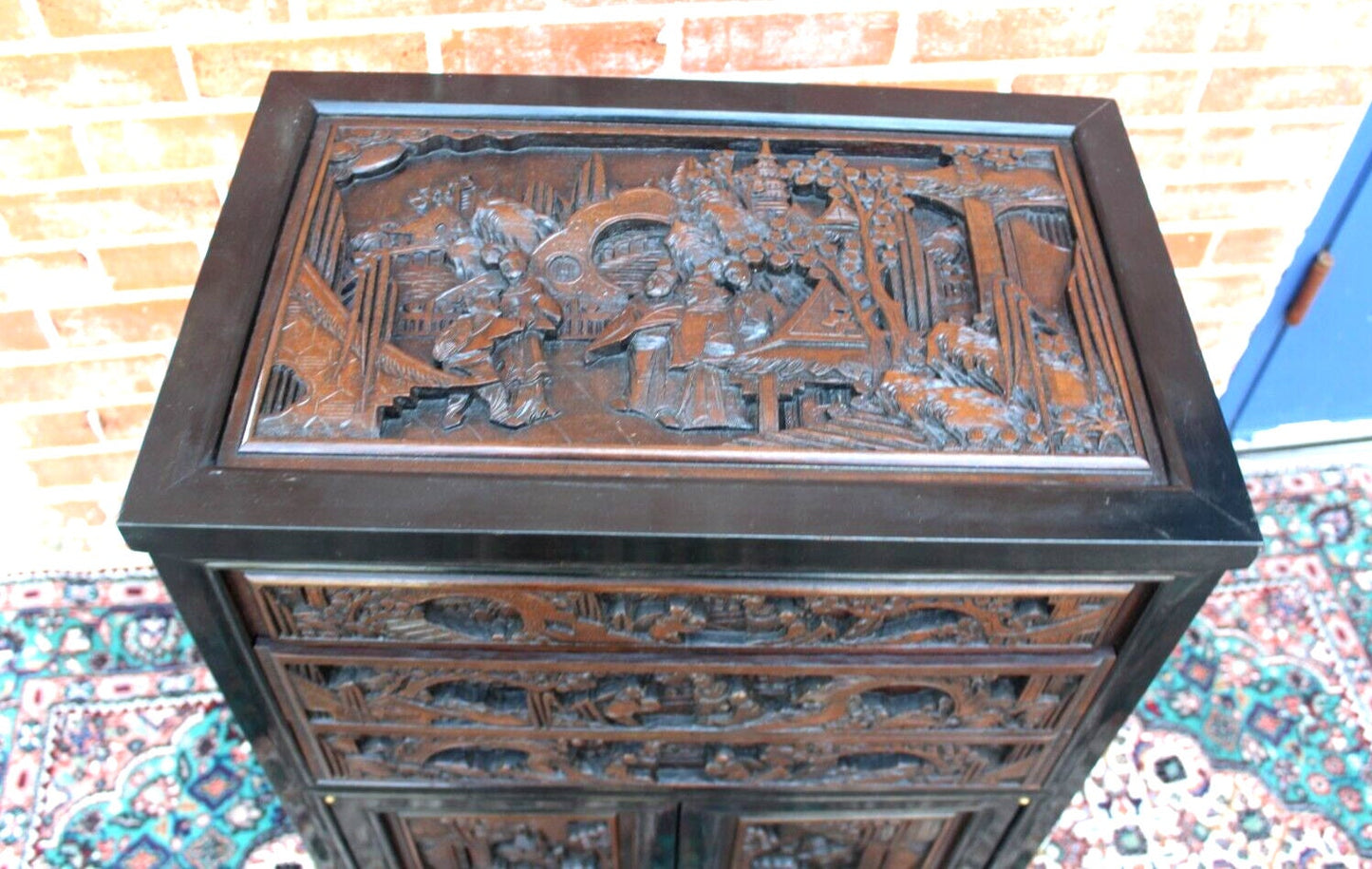 Heavily Carved Chinese Silverware Cabinet | Antique Storage Chest w/ Drawers