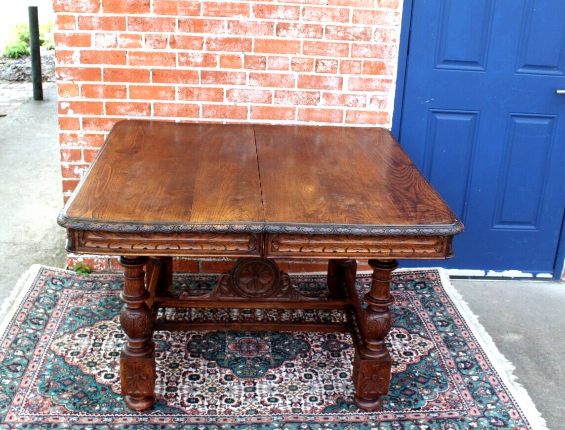 French Antique Brittany Chestnut Kitchen Table c.1880 | Carved Square Top
