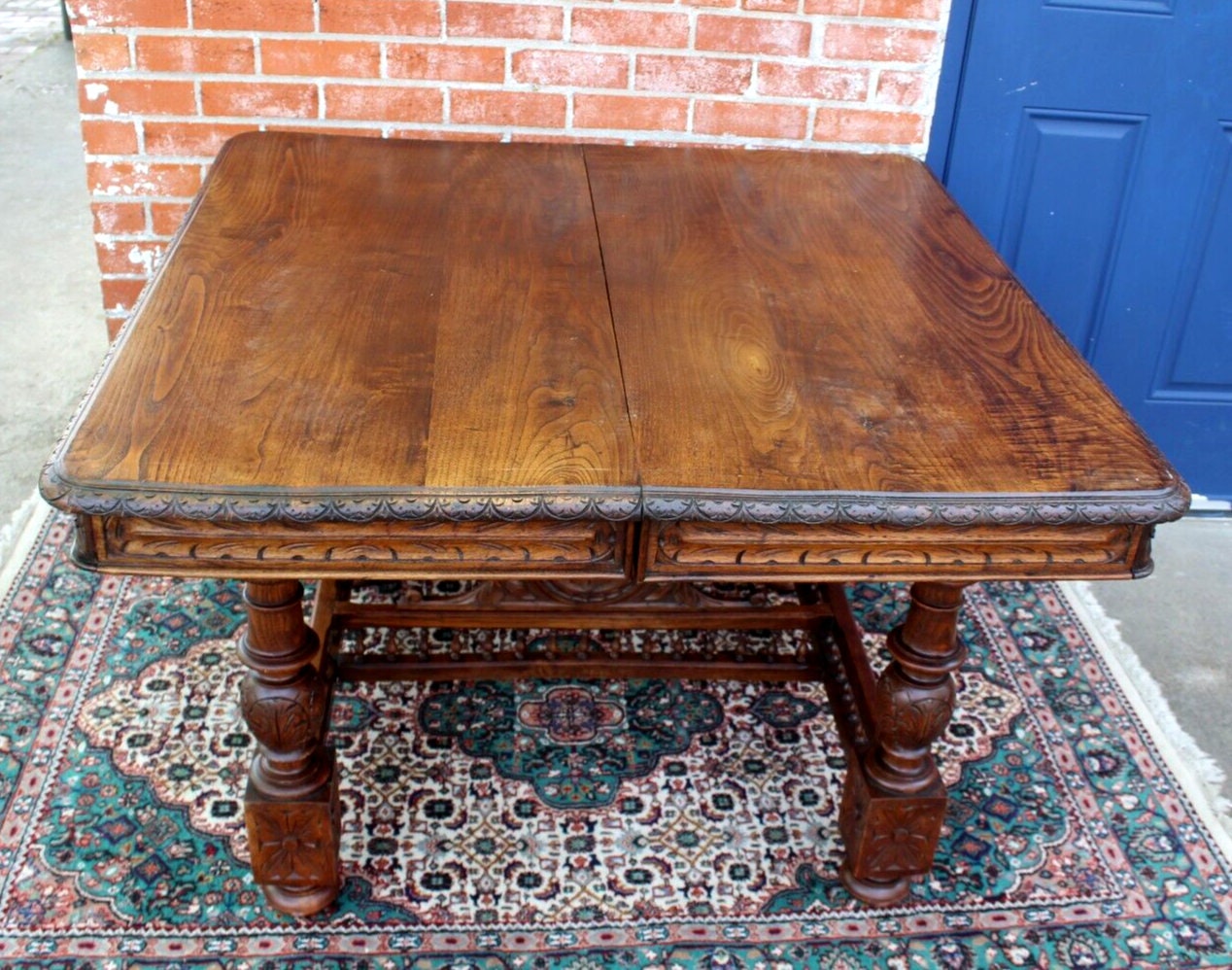 French Antique Brittany Chestnut Kitchen Table c.1880 | Carved Square Top
