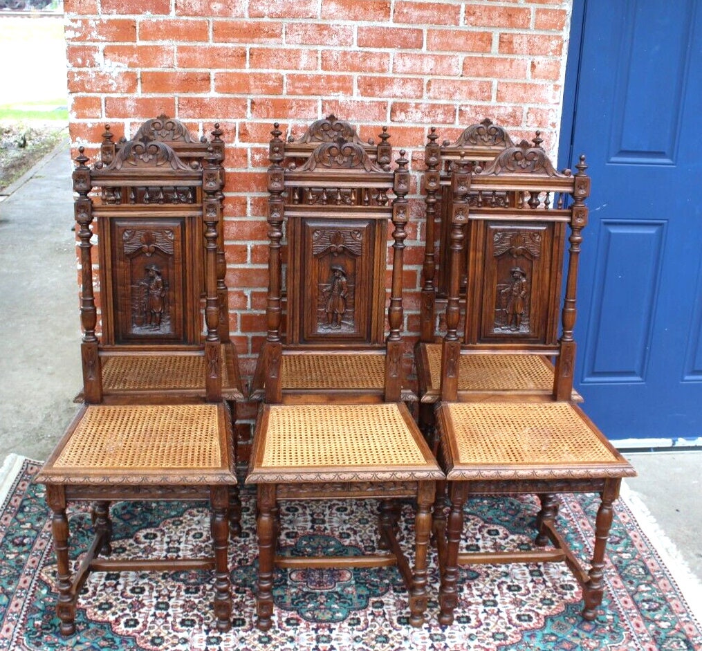 Set of 6 French Antique Brittany Oak Dining Chairs w/ Carved Backs & Caning