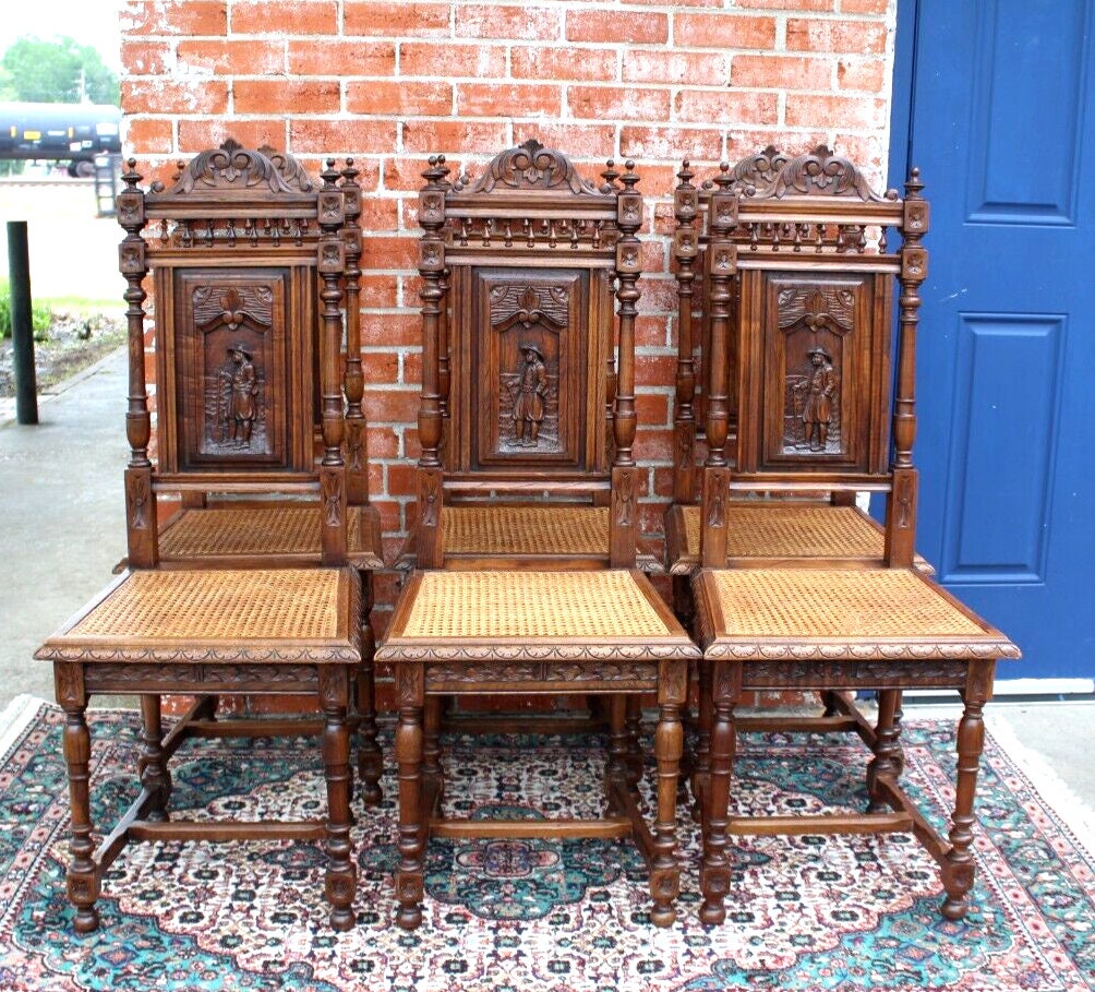 Set of 6 French Antique Brittany Oak Dining Chairs w/ Carved Backs & Caning