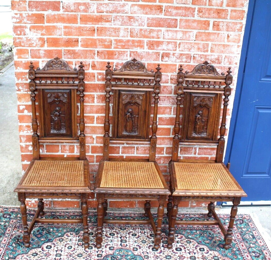 Set of 6 French Antique Brittany Oak Dining Chairs w/ Carved Backs & Caning
