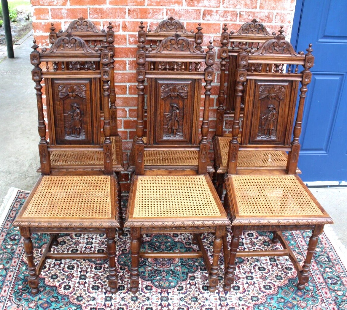 Set of 6 French Antique Brittany Oak Dining Chairs w/ Carved Backs & Caning
