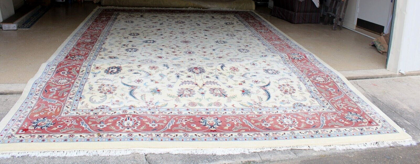 Hand Woven Wool Rug 12x18 | Large Romanian Area Carpet | Red & Ivory Floral