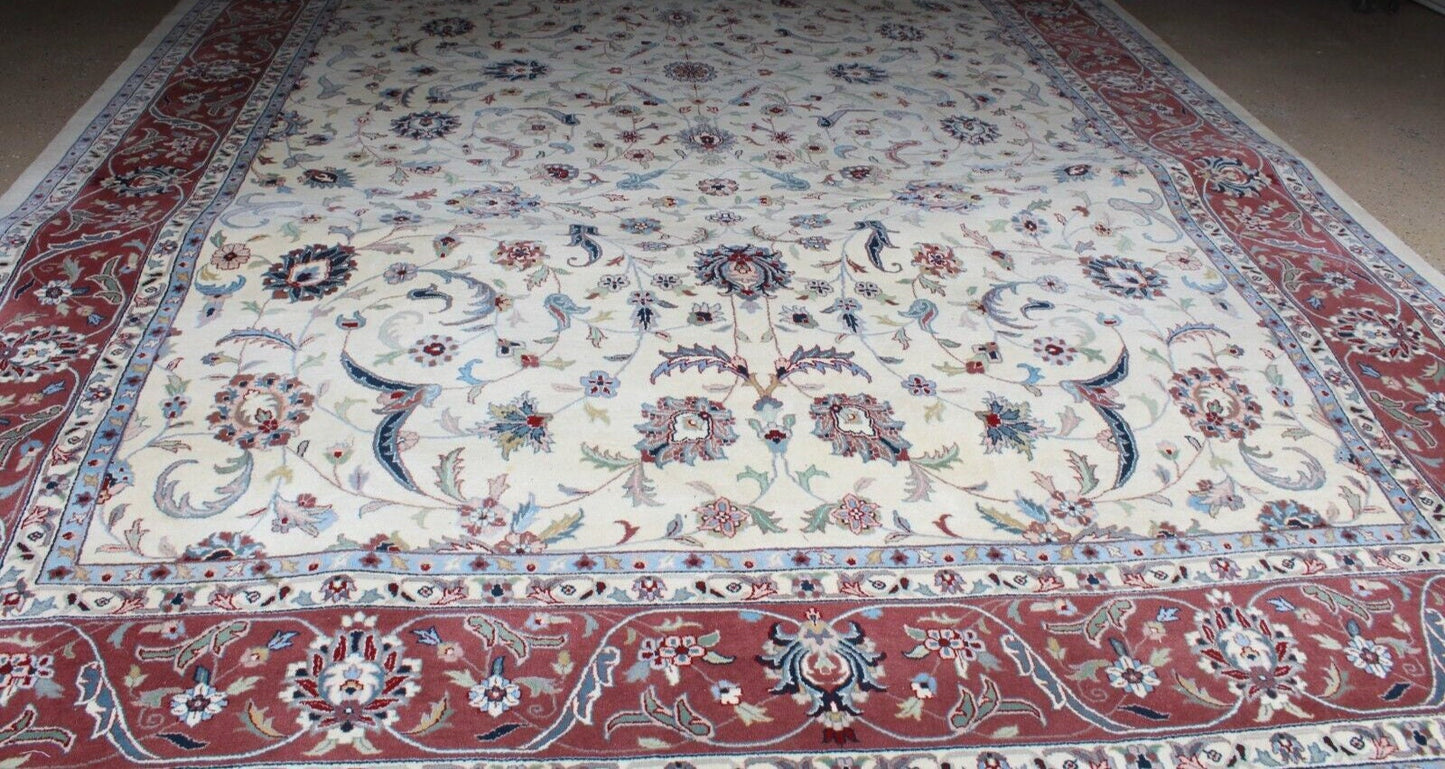 Hand Woven Wool Rug 12x18 | Large Romanian Area Carpet | Red & Ivory Floral