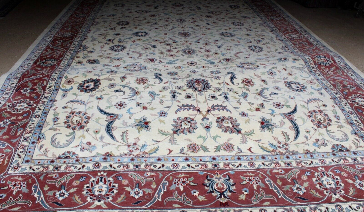 Hand Woven Wool Rug 12x18 | Large Romanian Area Carpet | Red & Ivory Floral