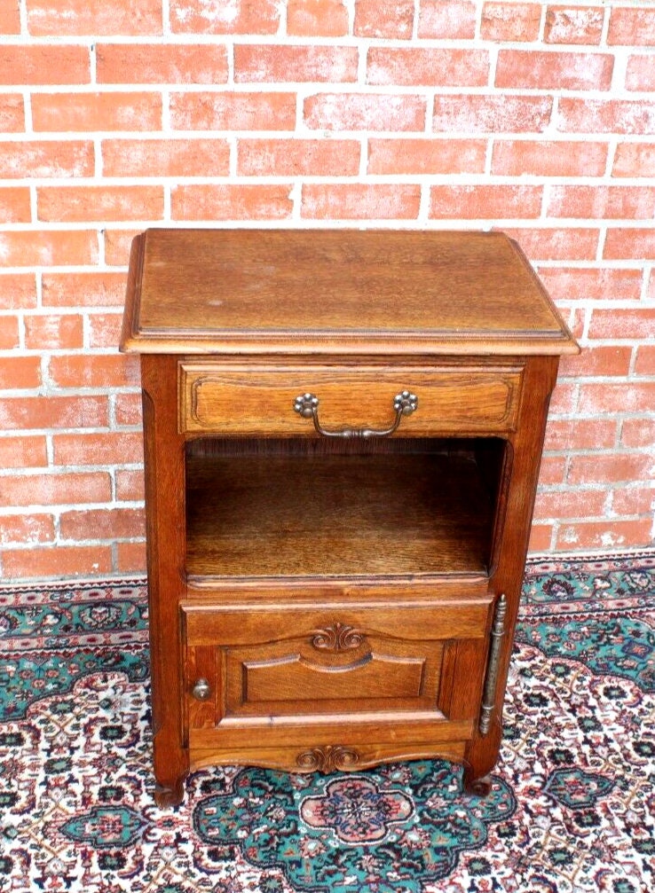 French Louis XV Antique Oak Nightstand Small Bedside Cabinet w/ Drawer