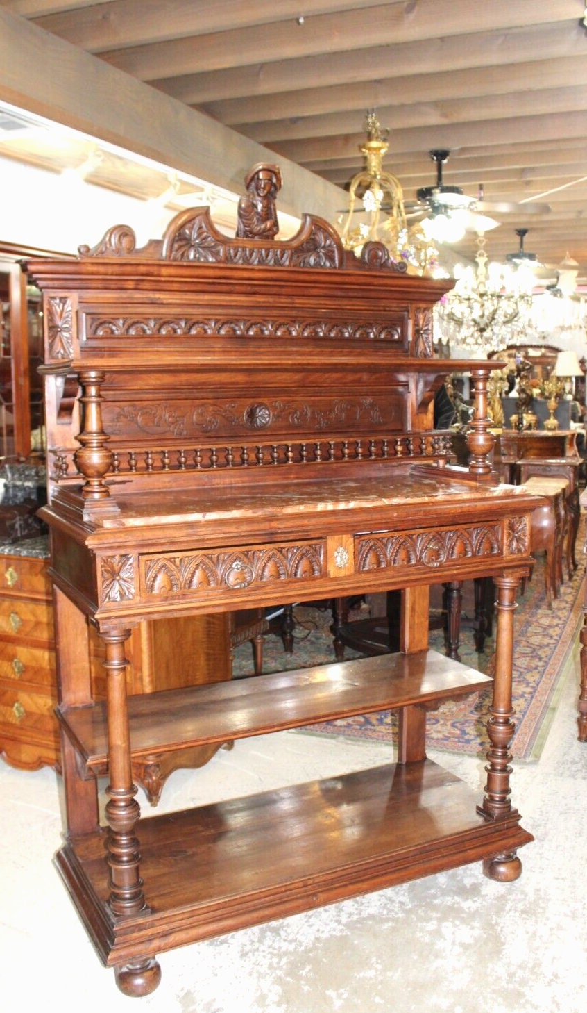 French Antique Walnut Brittany Marble Server Sideboard Buffet c.1880