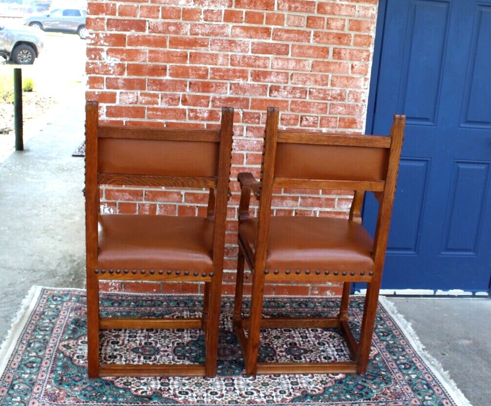 Pair of French Antique Oak Henry II Chairs w/ Leather Upholstery & Arms