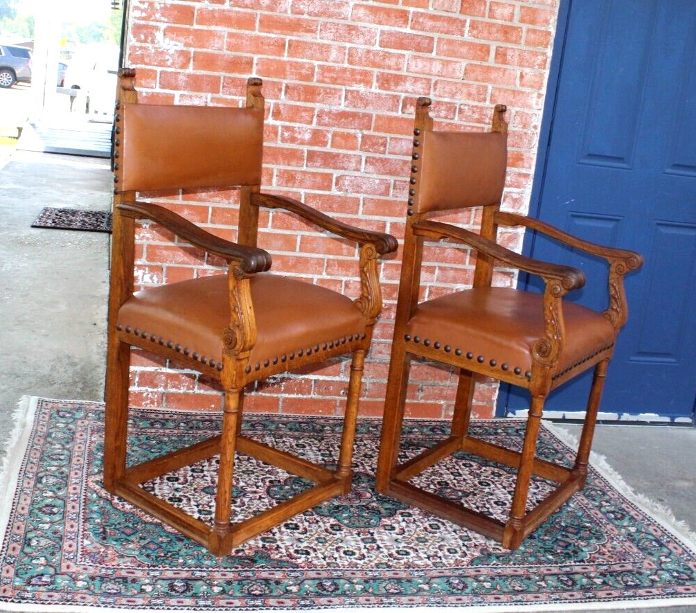 Pair of French Antique Oak Henry II Chairs w/ Leather Upholstery & Arms