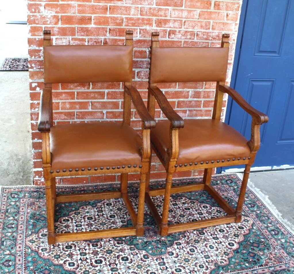 Pair of French Antique Oak Henry II Chairs w/ Leather Upholstery & Arms