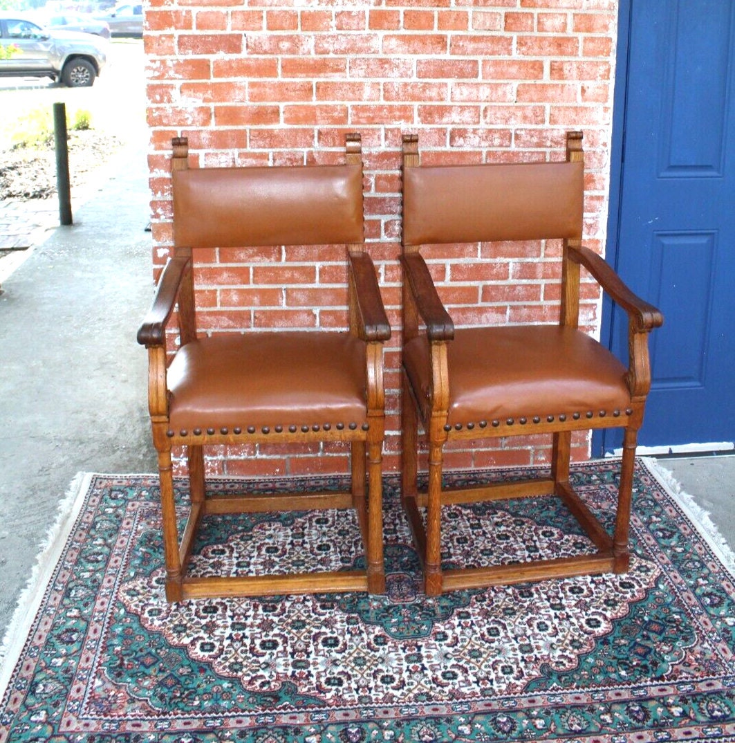 Pair of French Antique Oak Henry II Chairs w/ Leather Upholstery & Arms