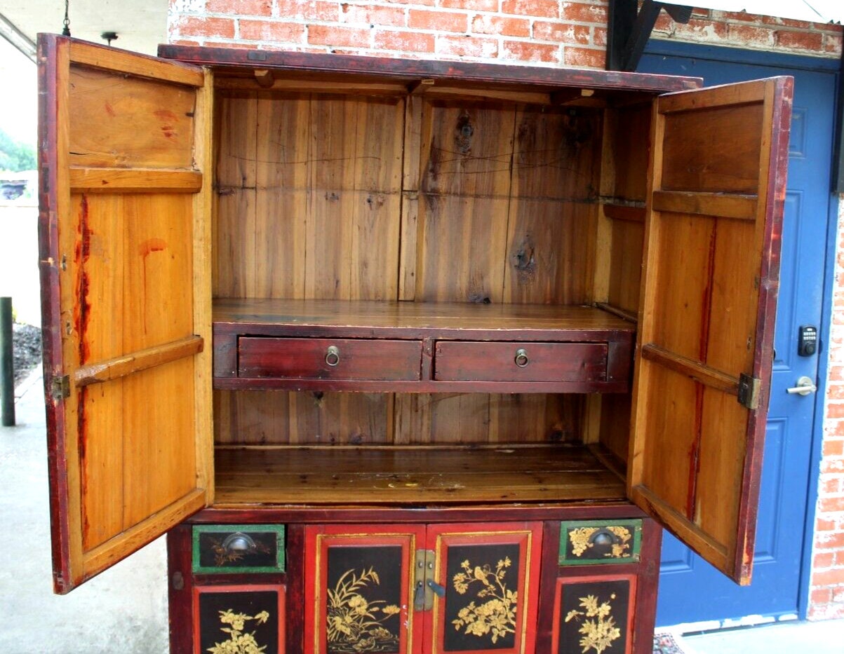 Hand-Painted Chinese Antique Armoire Cabinet w/ 4 Drawers & 4 Doors