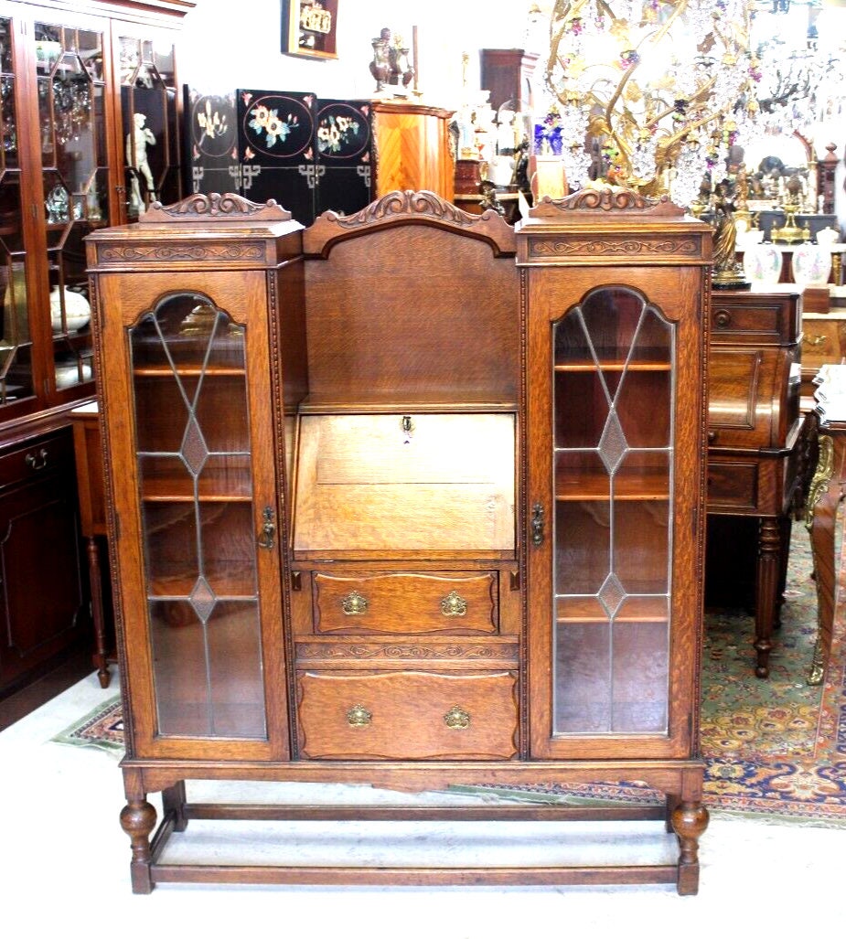 English Antique Oak Jacobean Drop Front Desk Bookcase w/ Leaded Glass Doors