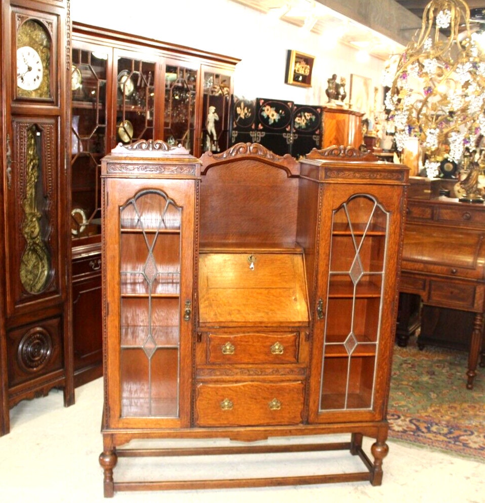 English Antique Oak Jacobean Drop Front Desk Bookcase w/ Leaded Glass Doors