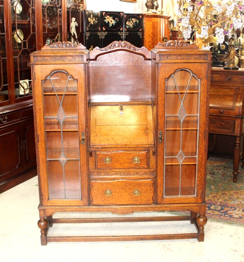 English Antique Oak Jacobean Drop Front Desk Bookcase w/ Leaded Glass Doors
