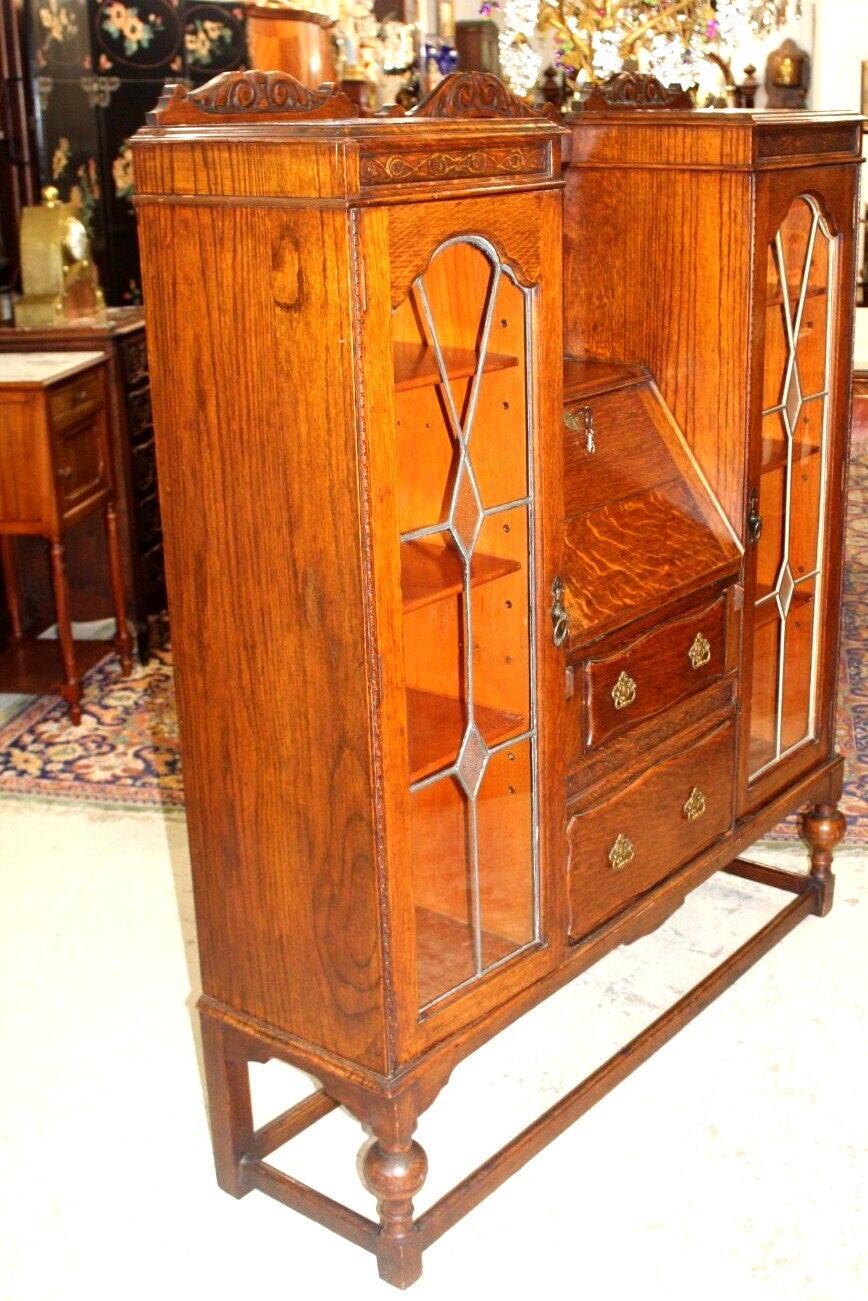 English Antique Oak Jacobean Drop Front Desk Bookcase w/ Leaded Glass Doors