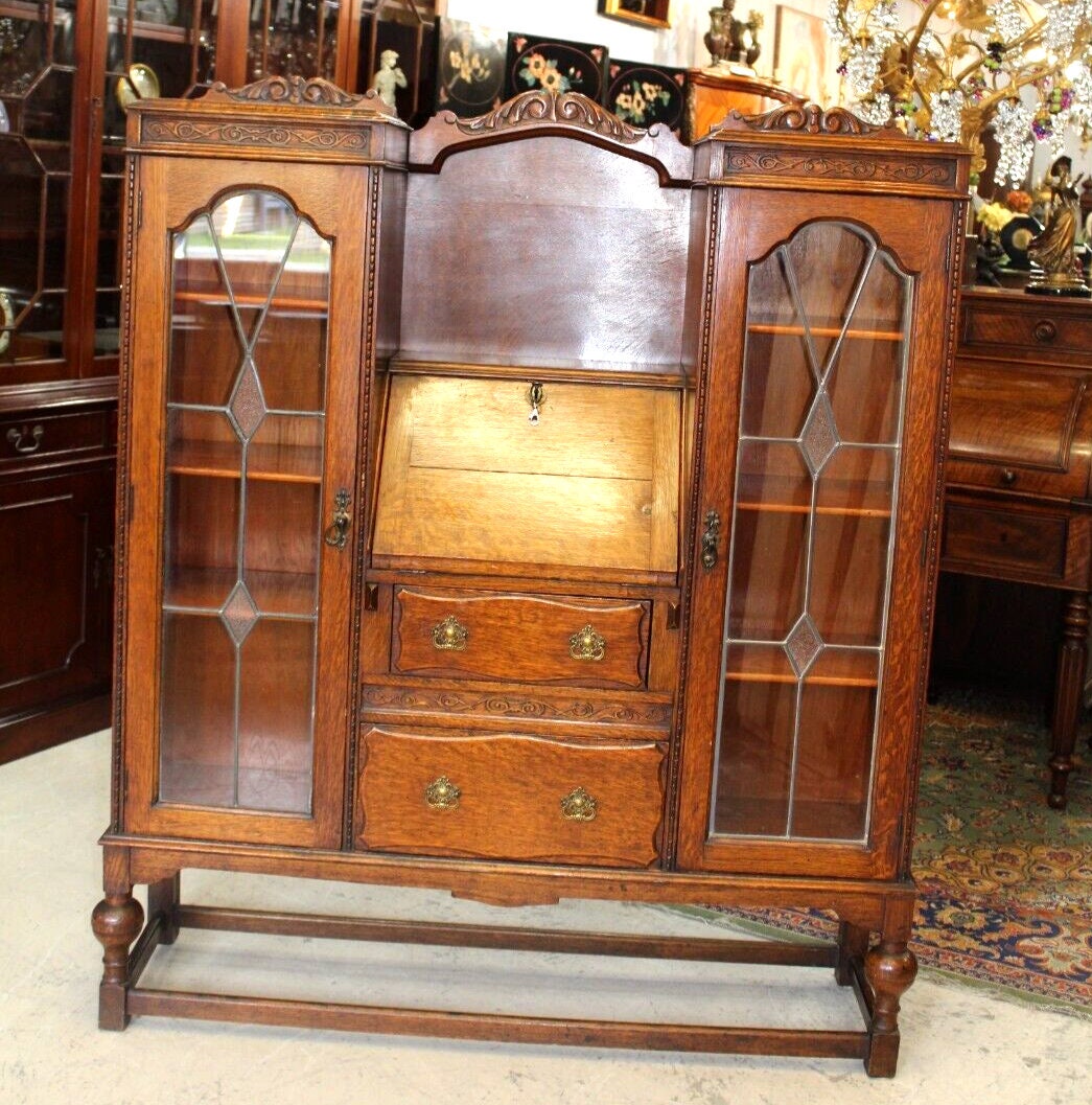English Antique Oak Jacobean Drop Front Desk Bookcase w/ Leaded Glass Doors