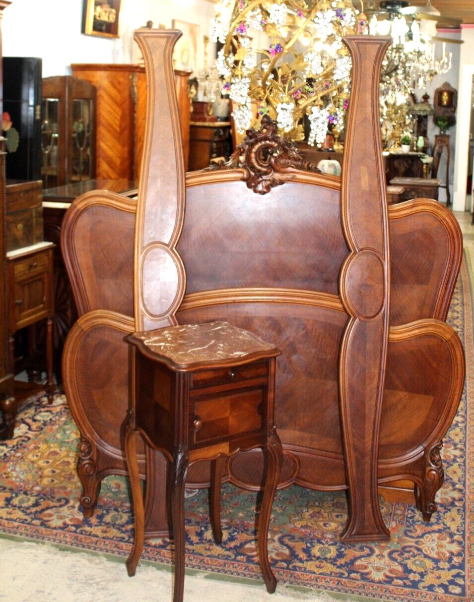 French Antique Louis XV Walnut Bed | Full Size with Matching Marble Nightstand Bedroom Set