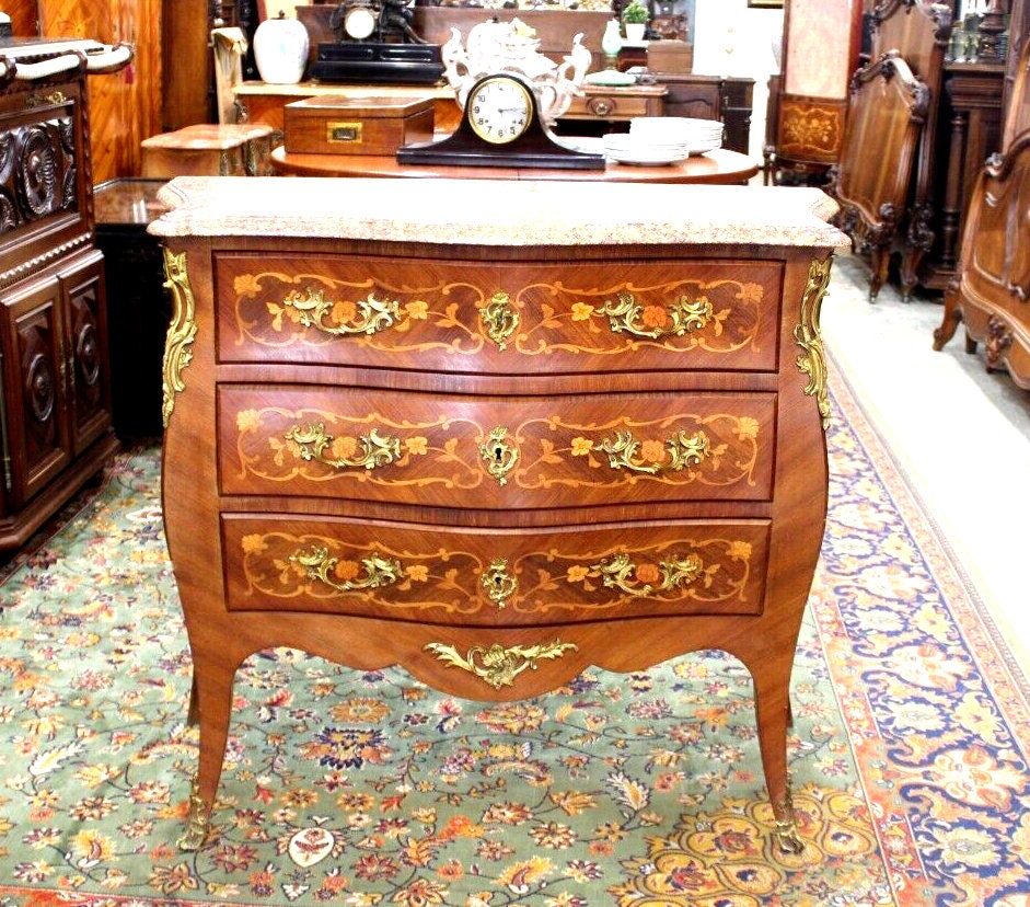French Antique Louis XV Inlaid Marble Top Chest | Kingwood Dresser