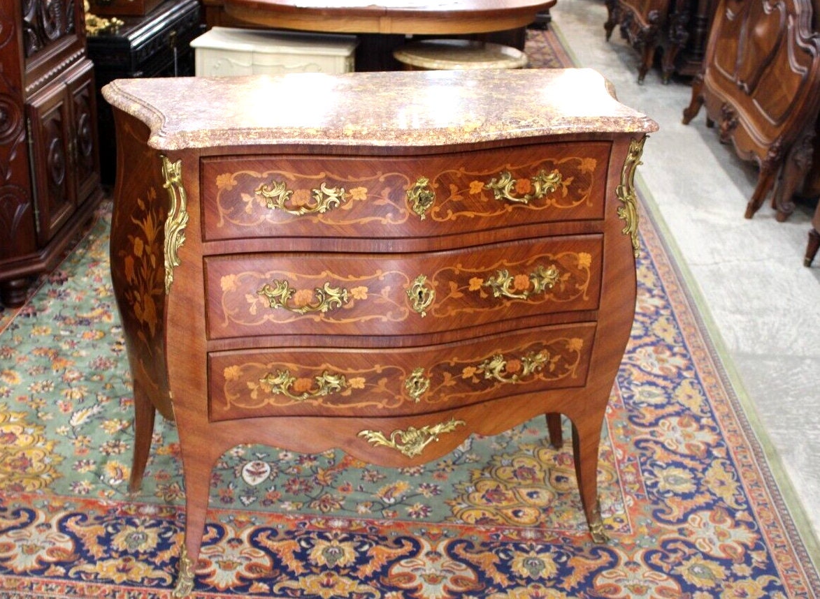 French Antique Louis XV Inlaid Marble Top Chest | Kingwood Dresser
