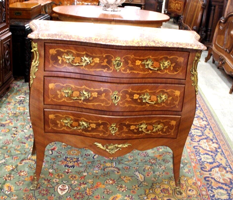 French Antique Louis XV Inlaid Marble Top Chest | Kingwood Dresser