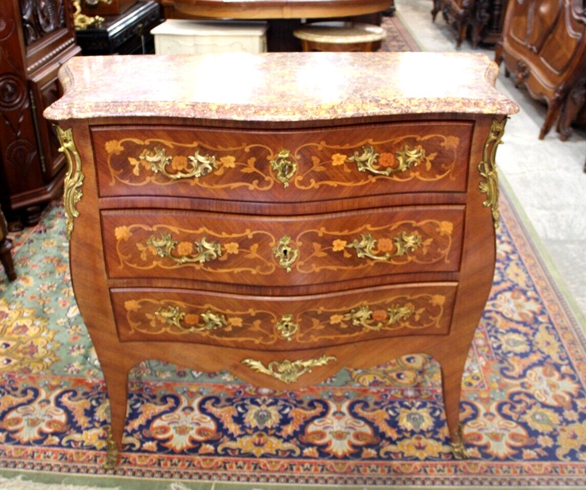 French Antique Louis XV Inlaid Marble Top Chest | Kingwood Dresser