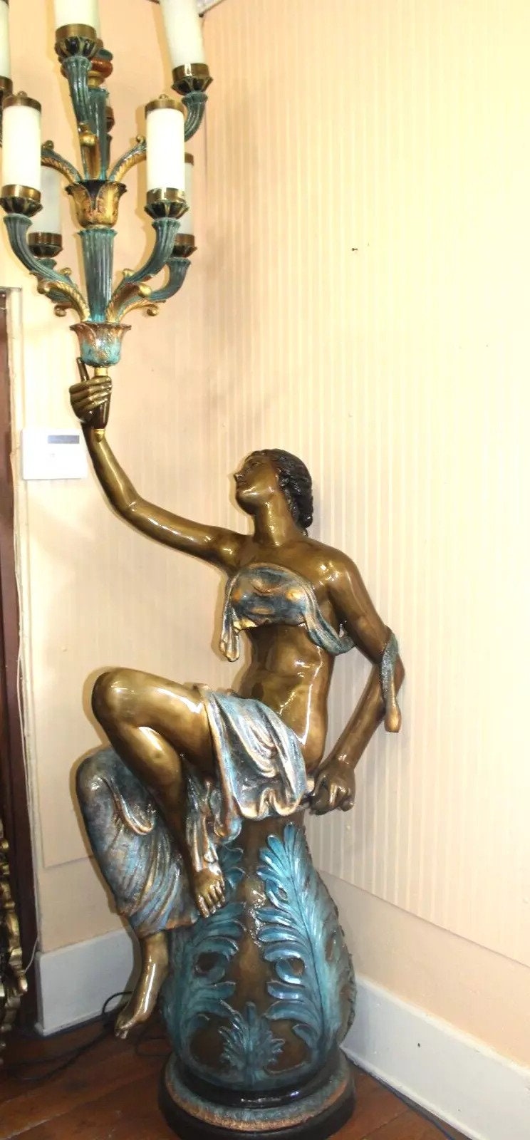 Pair Large French Bronze Patinated Sculpture Lamps with Candelabra Lights