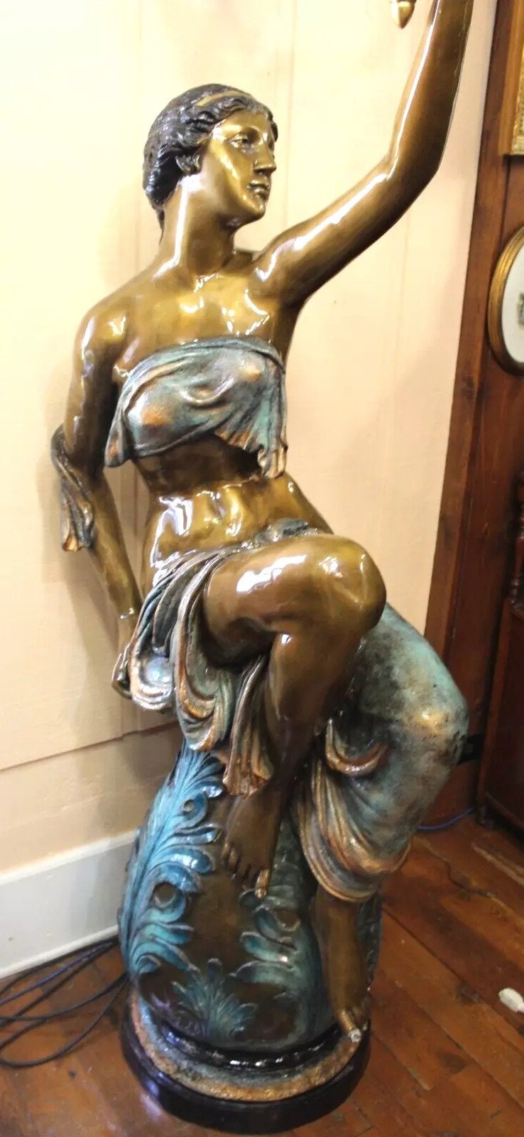 Pair Large French Bronze Patinated Sculpture Lamps with Candelabra Lights