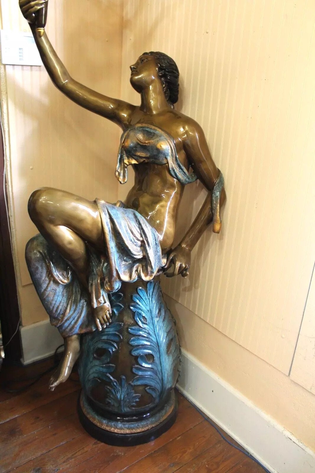 Pair Large French Bronze Patinated Sculpture Lamps with Candelabra Lights