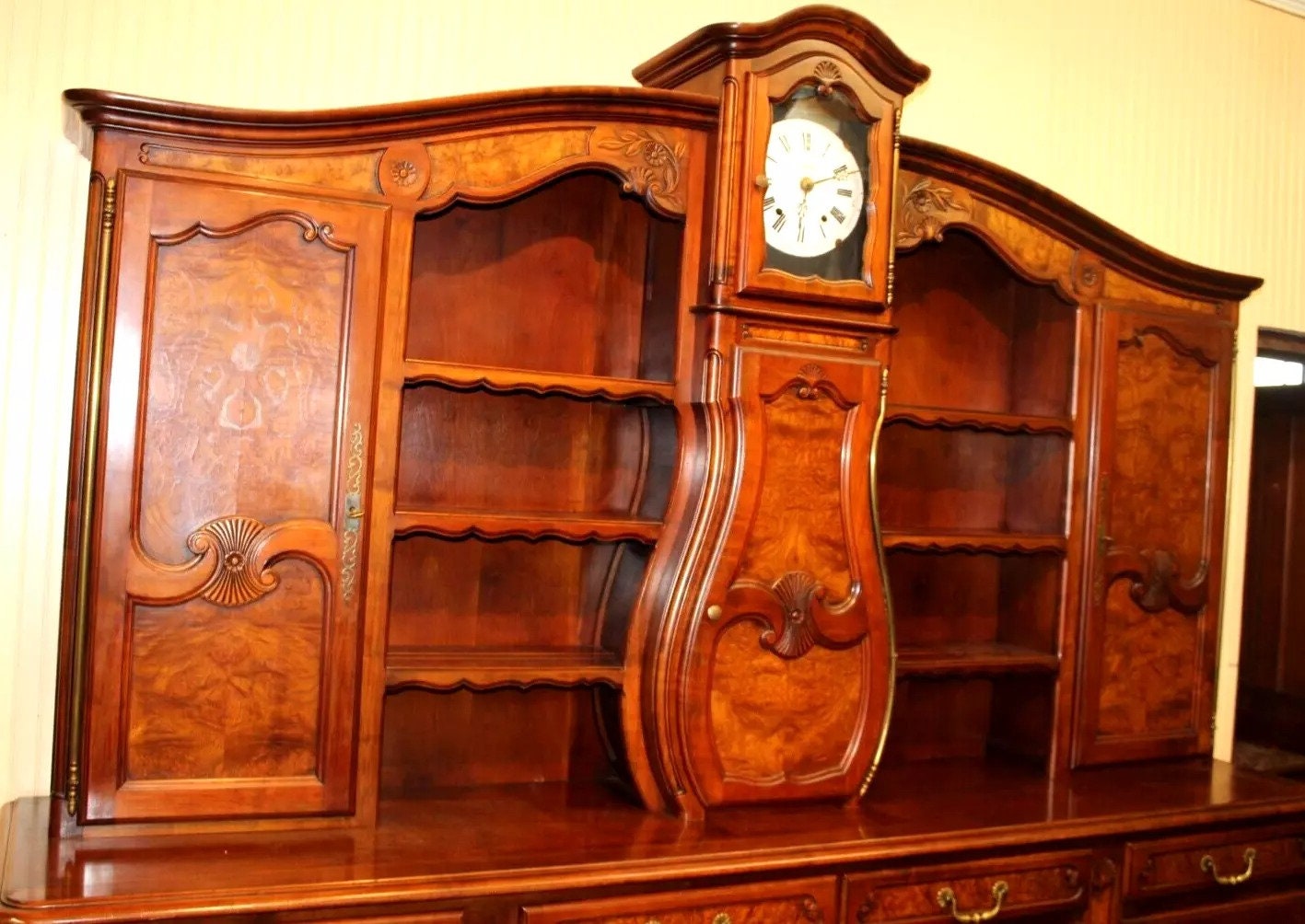 French Antique Burled Walnut Louis XV Buffet Cabinet with Grand Father Clock | Dining Room Furniture
