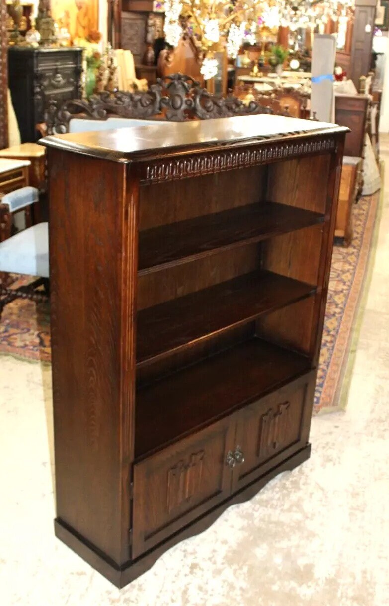 English Antique Oak Bookcase Cabinet | Open Display Shelves w/ Storage Doors
