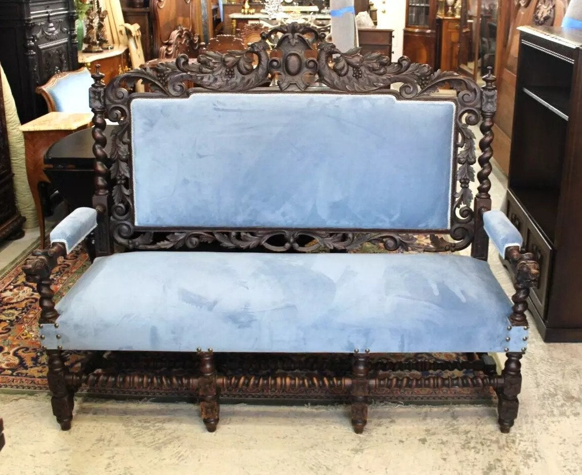 French Oak Louis XIII Sofa Chair c.1880 | New Upholstery Antique Renaissance
