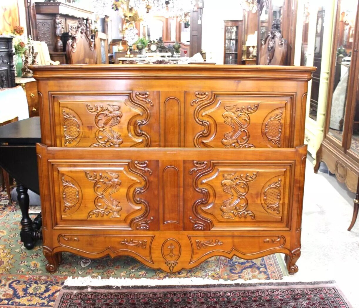 French Antique Louis XV Full Size Bed Carved Maple Wood Ornate Design