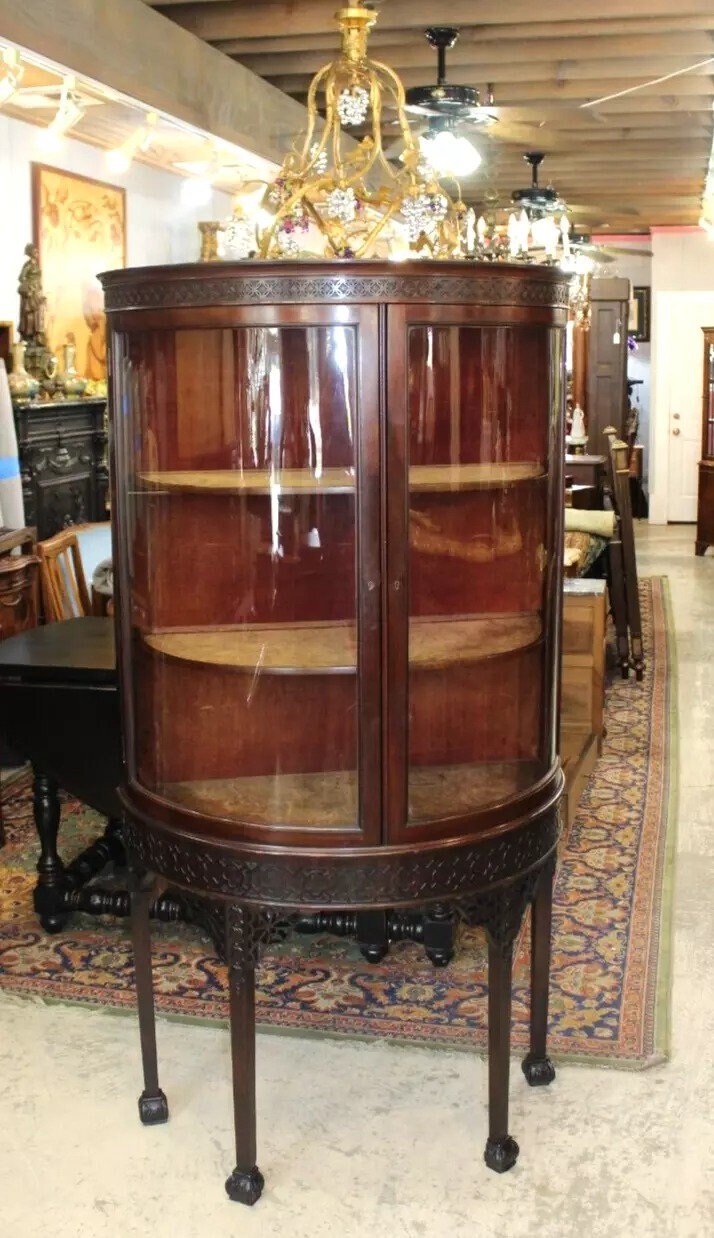 English Antique Mahogany Edwardian Display Cabinet | Curved Glass Shelves c.1900