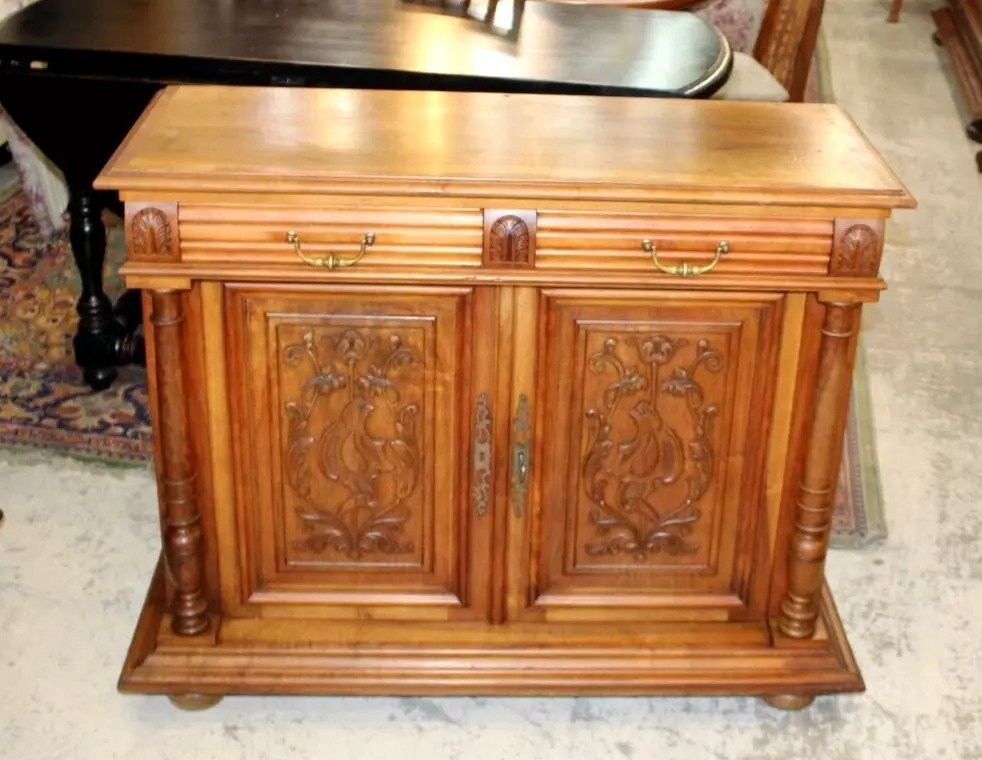 French Antique Walnut Henry II Server | Carved Sideboard Cabinet c. 1880s