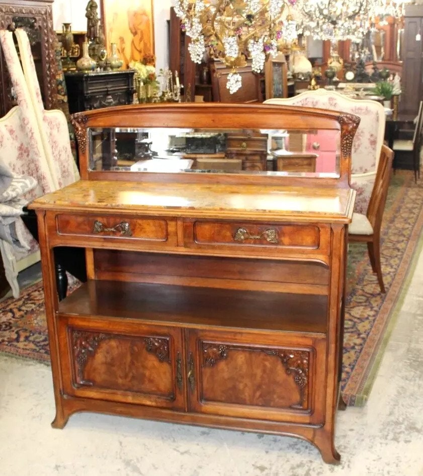 French Antique Burled Walnut Art Nouveau Marble Top Server Cabinet Sideboard