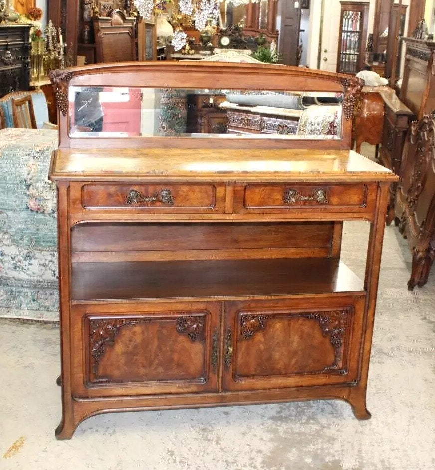 French Antique Burled Walnut Art Nouveau Marble Top Server Cabinet Sideboard