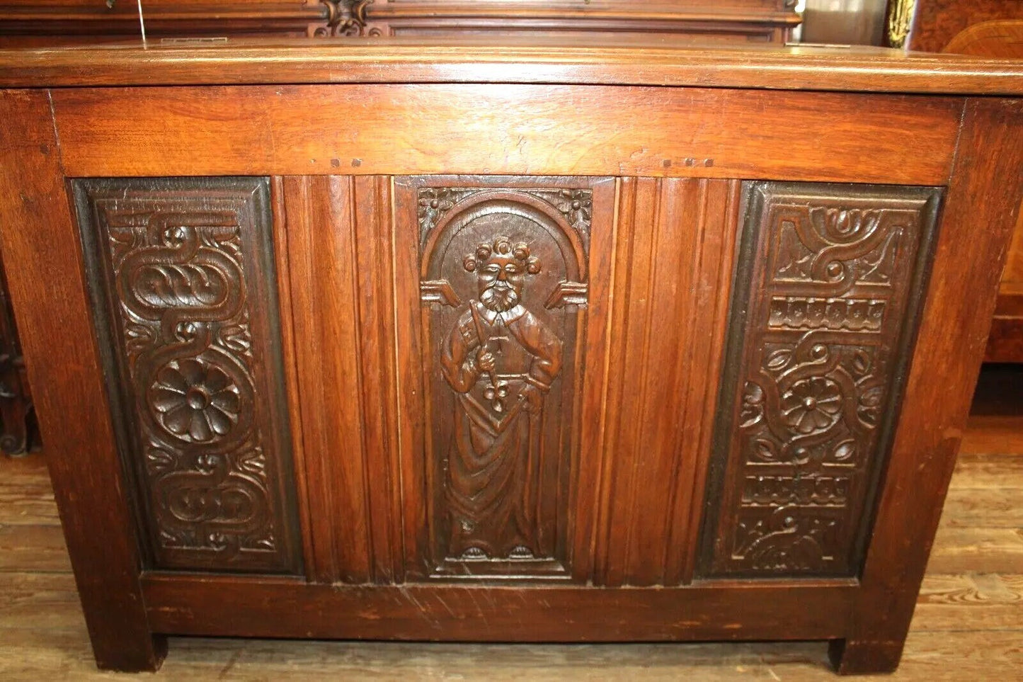 French Antique Renaissance Trunk | Dark Oak Chest with Carved Storage