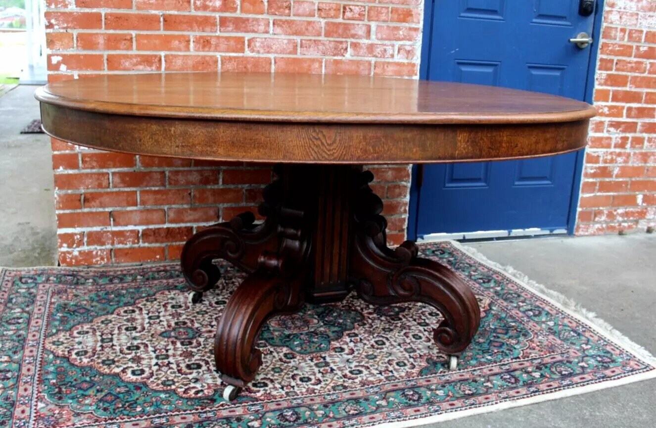 French Antique Oak Louis XIII Oval Dining Table Renaissance Style c.1880